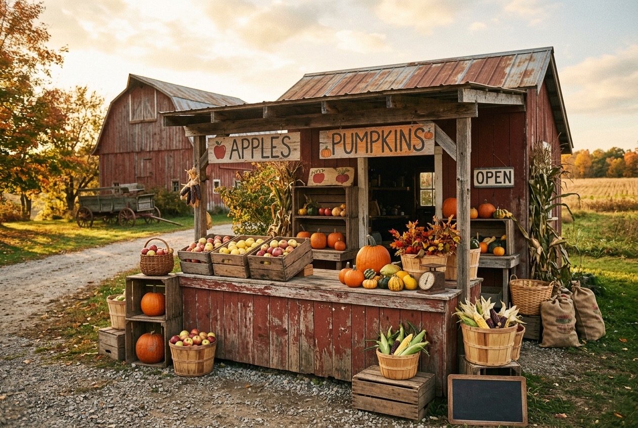 A vintage roadside farm stand